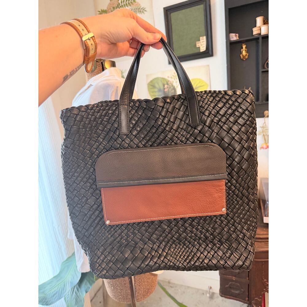 Falor Firenze Woven Leather Tote Bag Black Intrecciato Italian Leather Shopper